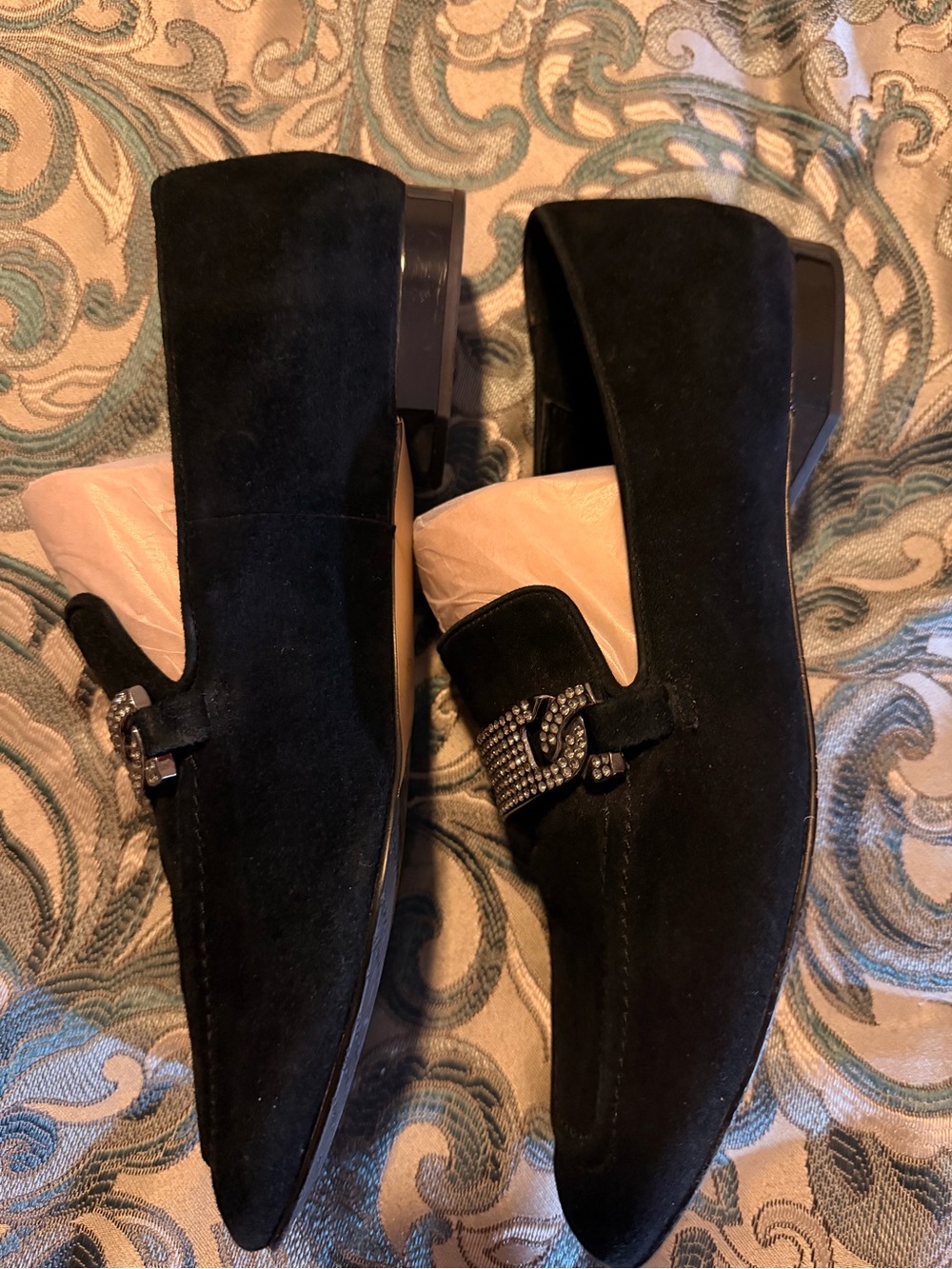 Donald J. Pliner Black Suede Loafers with Crystal Chain Accent - Picture 4 of 7